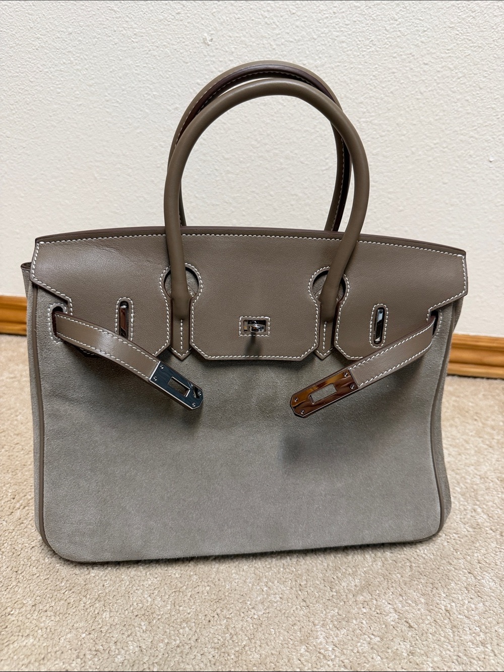 Taupe Leather & Suede Structured Tote Handbag